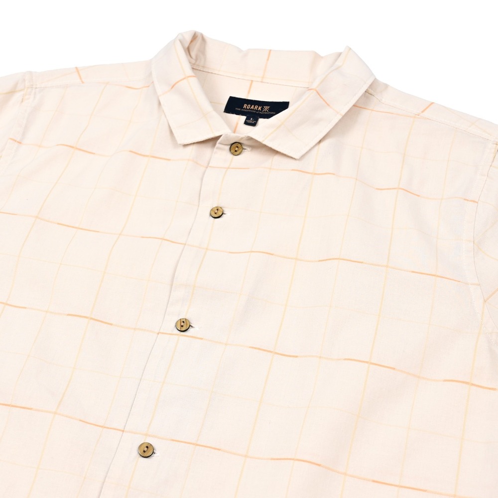 ROARK Gonzo Woven S/S Button Up Shirt Mens Large Beige Plaid Coastal Cotton
